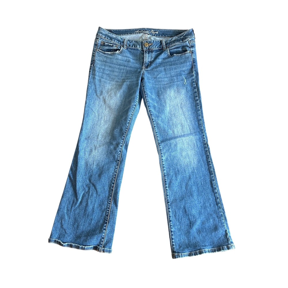American Eagle Favorite Boyfriend Jeans Blue Stretch Medium Wash Flare Sz 14